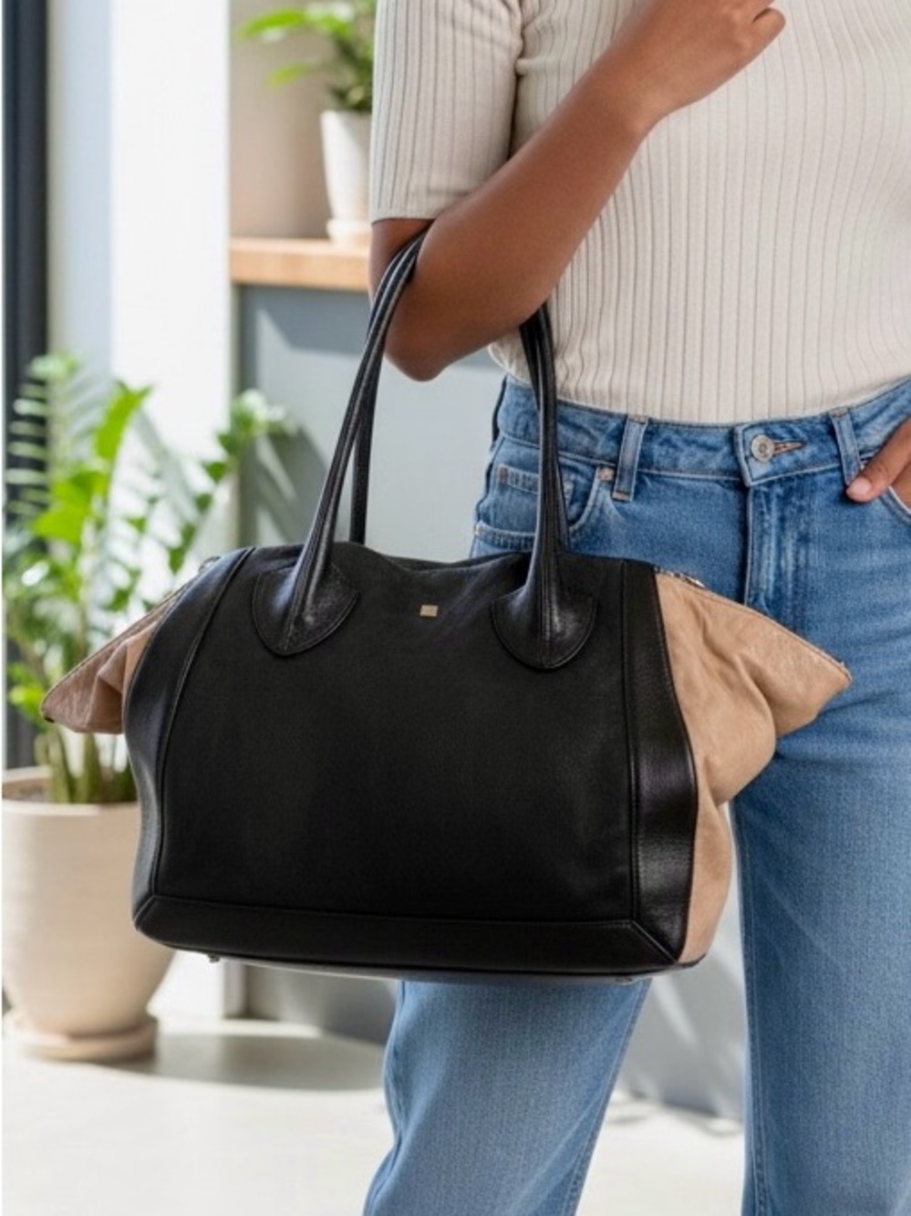 Pour La Victoire Colorblock Leather Tote Bag – Black & Taupe Suede & Leather